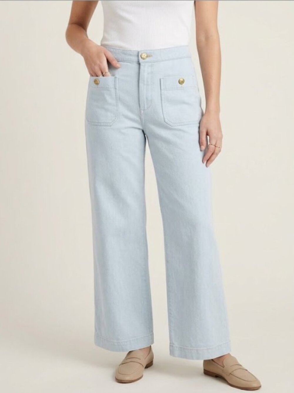 Ophelia Roe Wide Leg Trouser Jeans Light Blue Size 8 Coastal Patch Pocket Preppy